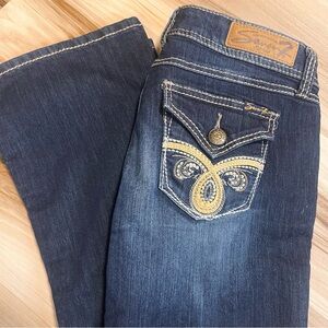 Seven7 Jeans Size 4 Bootcut Dark Wash Low Rise Embroidered Thick Stitch Flap Pkt